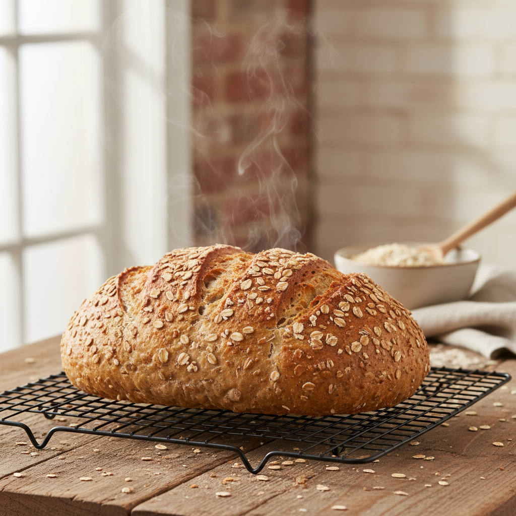 Šviežiai kepta avižinė duona ant aušinimo lentelės